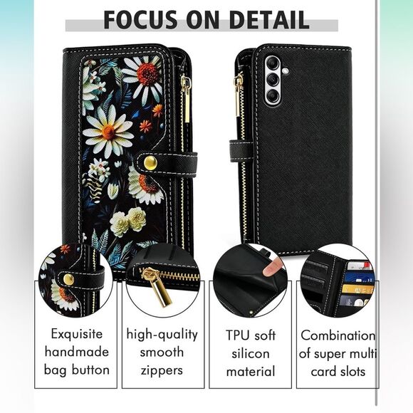Samsung Galaxy A14 M14 5G Wallet Case Floral Wristlet Black Card Holder FC5 - Picture 4 of 8